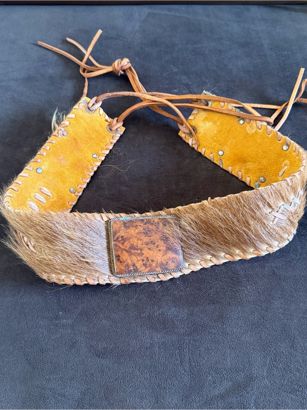 Cow Hide Leather Belt with Wood detail